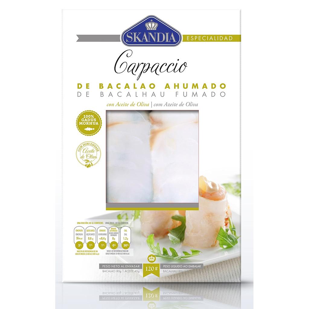 CARPACCIO DE BACALAO AHUMADO CON QUESO PARMESANO Y VINAGRETA 97,77 g.x6
